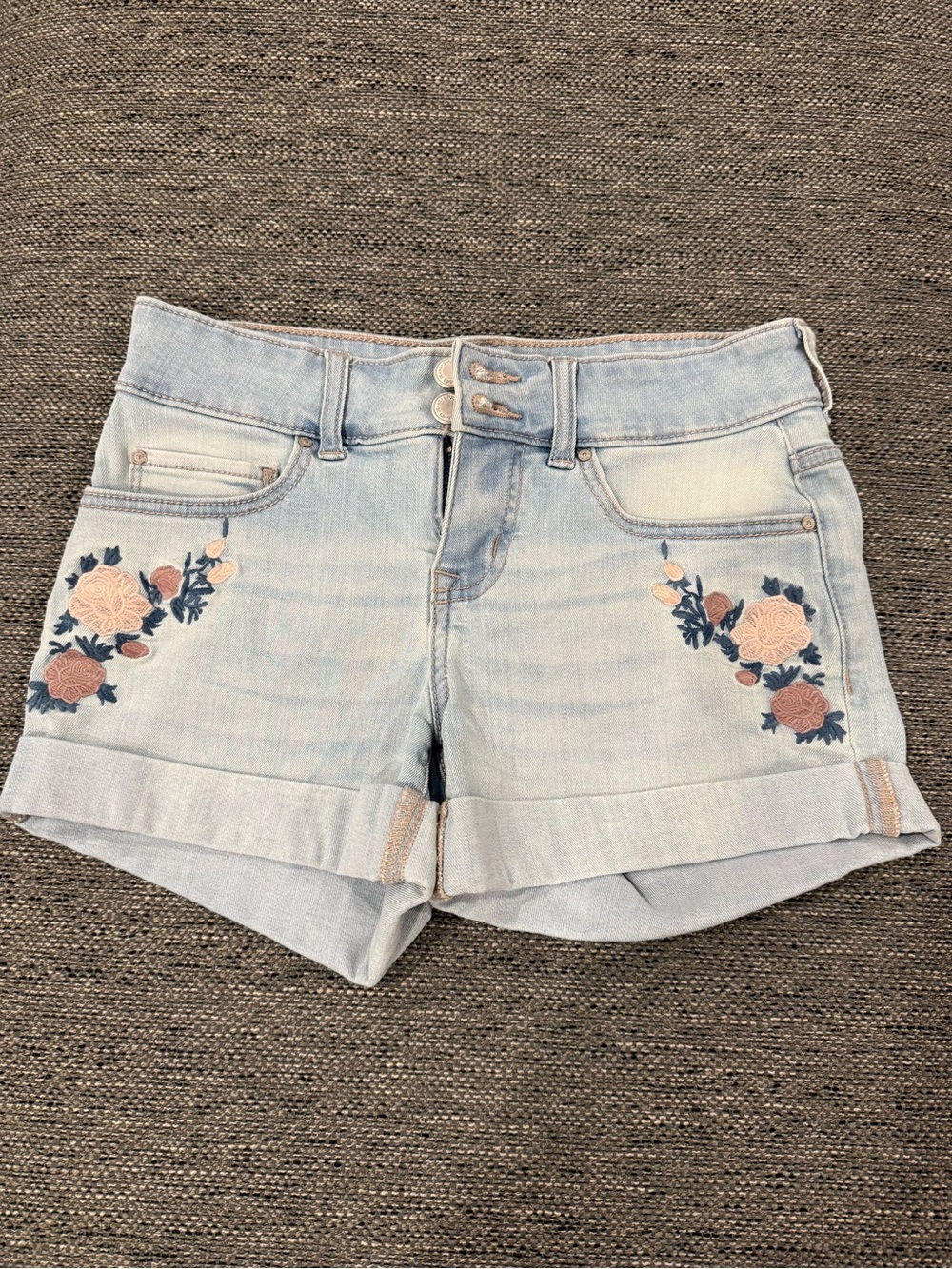 Light Blue Embroidered Denim Shorts with Rolled Hem